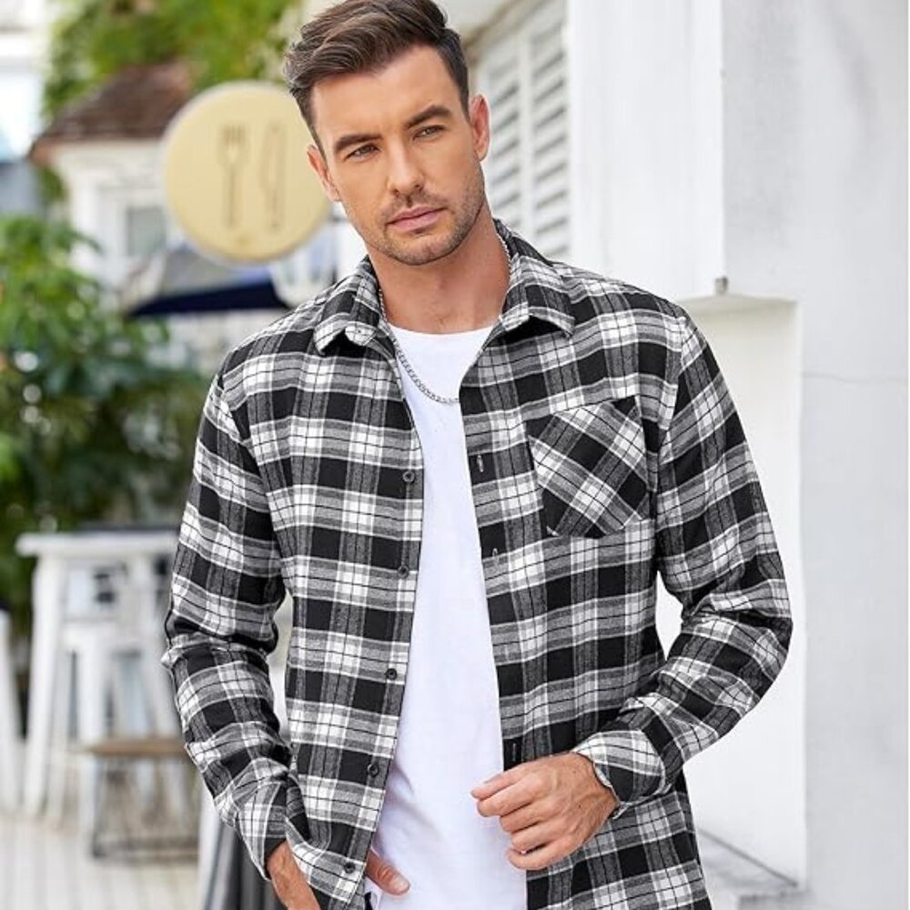 NEW! Men's Flannel Shirts Long Sleeve Button Down Plaid Shirt-Black & White